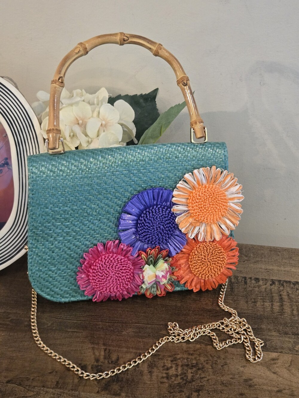 HAUTE HIPPIE Savannah STRAW HANDBAG/ CROSSBODY BAG With Bamboo Handle